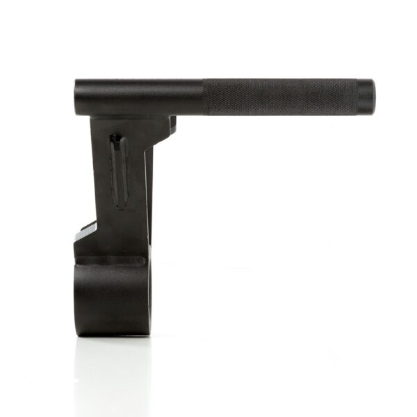 A 7ft 1500lbs Olympic Bushing Bar, with a black metal parallel grip T-bar handle, featuring a round base and textured handle, stands upright against a white background.