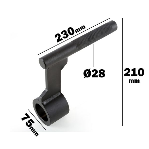 The ATX® Single Arm Row Barbell Handle is a sleek black metal lever with a cylindrical attachment, measuring 230mm in length, 75mm in base width, 210mm in height, and a cylindrical diameter of 28mm.