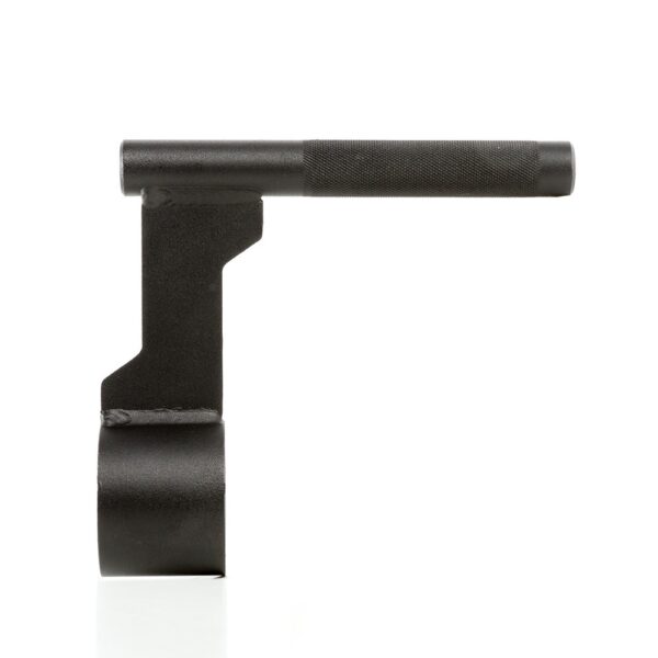 A black cylindrical ATX® Single Arm Row Barbell Handle, featuring a textured grip and flat, angled end, is positioned vertically against a white background.