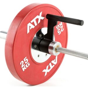 A close-up image shows a 25 kg red weight plate on a barbell, featuring the ATX® Single Arm Row Barbell Handle for easy lifting. The setup rests against a white background, emphasizing its robust design.