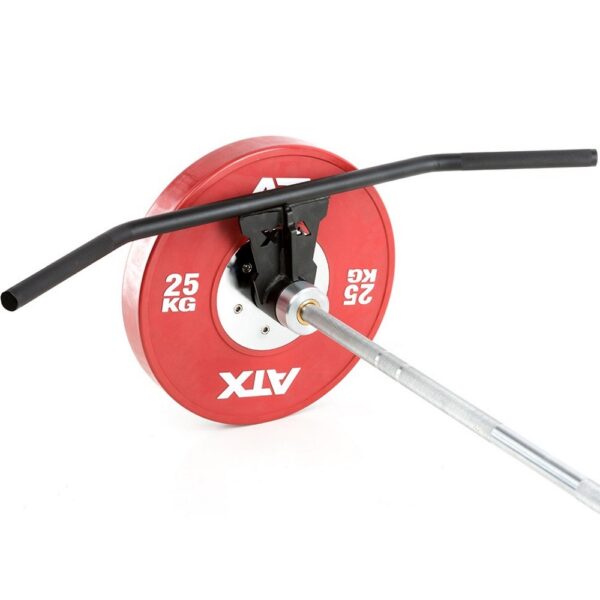 The Power Maxx 4ft Olympic Barbell, featuring a vibrant red 25 kg plate with the ATX logo, is secured to the ATX Wide Grip T Bar Row Handle Platform. This setup is ideal for strength training, providing comfortable wide handles for an enhanced workout experience.