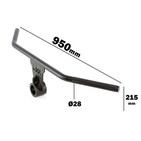 Diagram of an ATX® Wide Grip T Bar Row Handle in black, featuring a trapeze handlebar with dimensions: 950mm (length), 215mm (height), and 28mm (diameter).