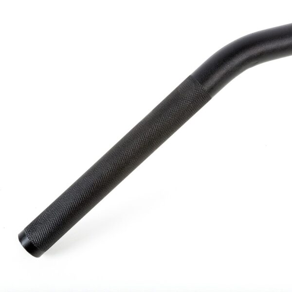 A close-up of a black knurled grip on the Power Maxx 4ft Olympic Barbell, designed for exercise equipment. The metal bar features a textured pattern for improved grip and is set against a plain white background.