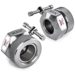 Two ATX® Competition Collars Short IPF with knurled grips and locking pins, branded The USA Advantage, designed to secure weight plates during lifting exercises.