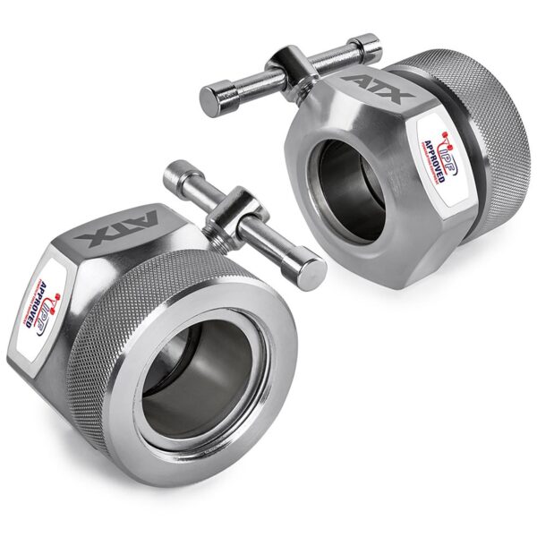 Two ATX® Competition Collars Short IPF with knurled grips and locking pins, branded The USA Advantage, designed to secure weight plates during lifting exercises.