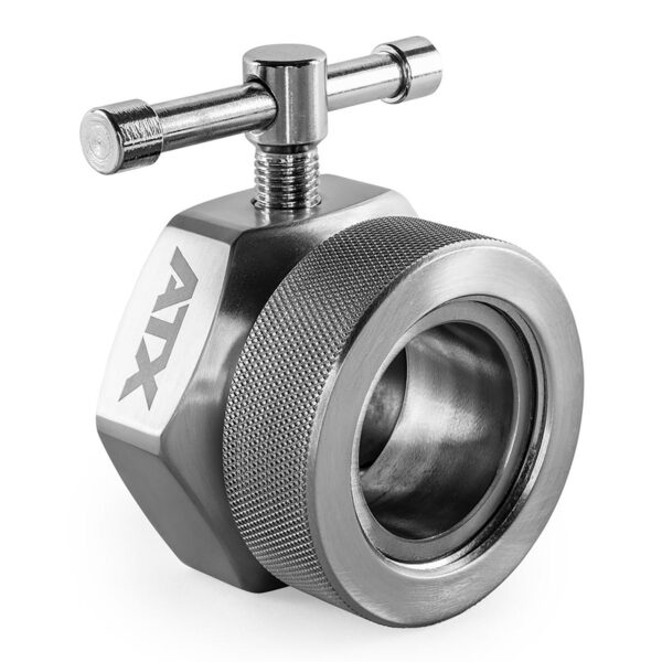 The ATX® Competition Collars Short IPF features a secure fit with a hexagonal base, a rotating handle for pressure adjustment, textured grip surface, and AXX engraving. Made of polished stainless steel.