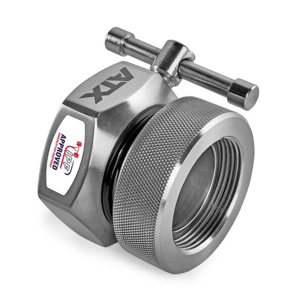 The ATX® Competition Collars Short IPF is a metallic pipe clamp with a tightening knob and textured grip, featuring a DVGW Approved label. Designed for industrial or plumbing applications, it appears sturdy and reliable.
