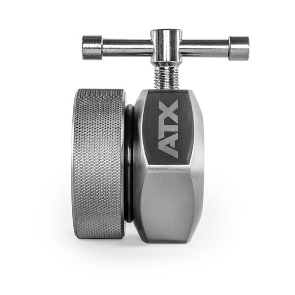 Close-up of an ATX® Competition Collar Short IPF with a textured grip and top screw mechanism. The silver cylindrical handle features a smooth finish on the upper part.