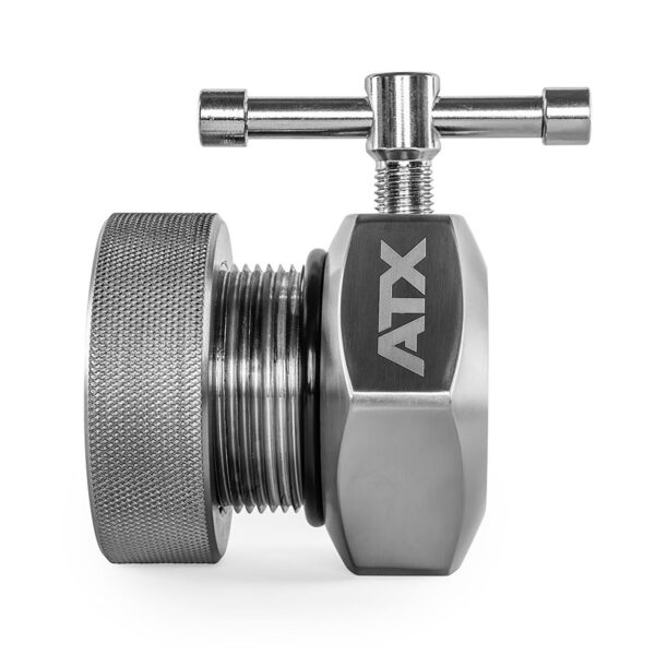 Close-up of an ATX® Competition Collars Short IPF featuring a textured cylindrical section on the left and a smooth hexagonal section engraved with ATX on the right, topped with a T-shaped handle.