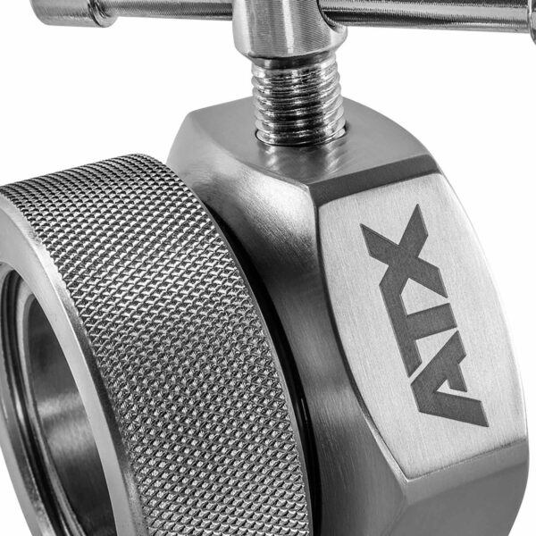 Close-up of an ATX® Competition Collars Short IPF, featuring a metal barbell collar with a textured grip for securing weights. The polished finish and branding highlight its sturdy construction.