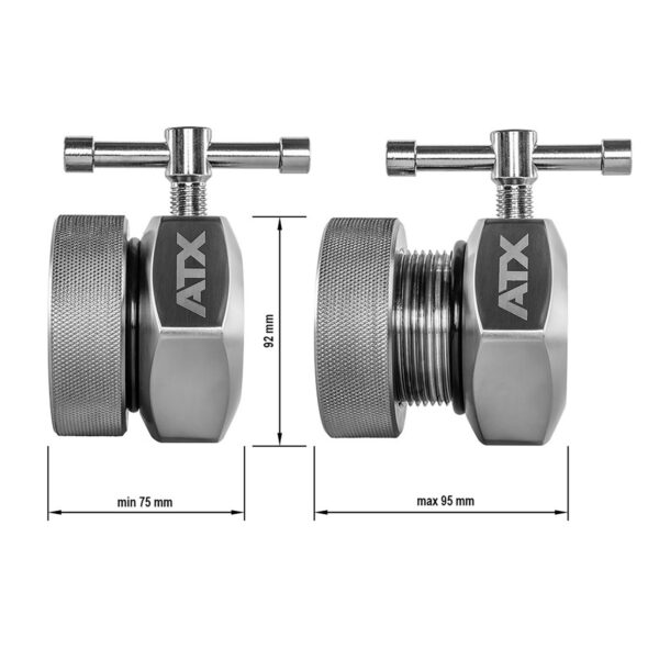 Two ATX® Competition Collars Short IPF compression springs with turn handles, shown in varying compression states. Dimensions include a minimum length of 75mm, maximum of 95mm, and a fixed height of 92mm.