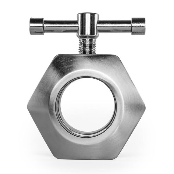 The ATX® Competition Collars Short IPF is a metallic hexagonal nut featuring a central threaded bolt and horizontal bar at the top, resembling a mechanical clamp or turning mechanism, isolated on a white background.