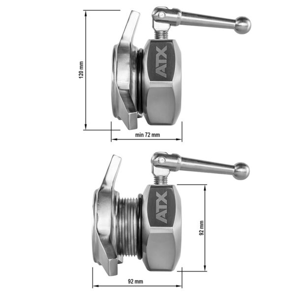 Two metallic lever-operated ball valves with precise measurements resemble ATX® Competition Powerlifting Collars IPF. The top valve is 120 mm long and 72 mm wide, while the bottom valve, featuring an extended component, measures 92 mm in both width and height.