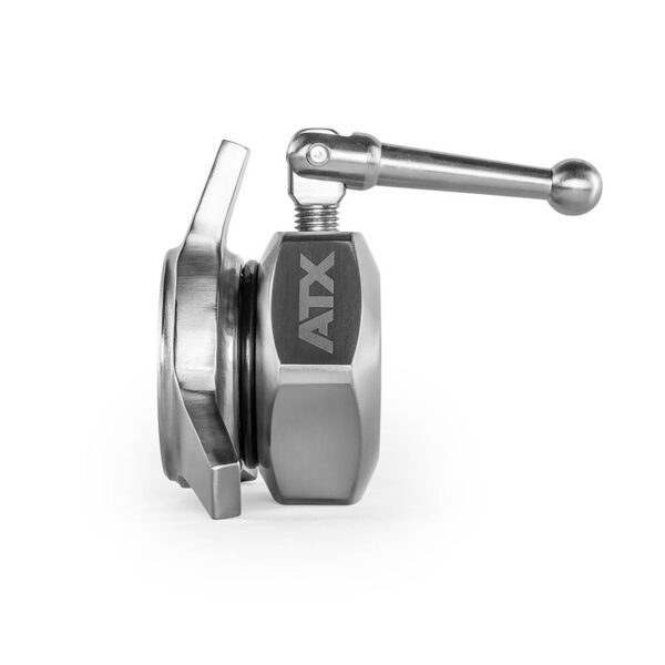 Close-up of an ATX® Competition Powerlifting Collar with a lever handle, designed for secure fastening with ATX engraved on the side. It boasts a sleek, industrial appearance that underscores its functional design.