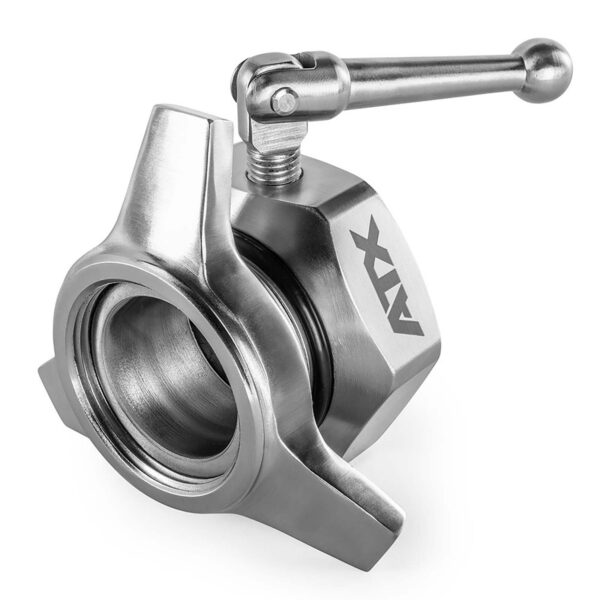 The ATX® Competition Powerlifting Collars IPF have a metallic quick release design with a lever and ATX engraved on the side. Their industrial design features smooth, shiny surfaces ensuring secure fastening for various applications.