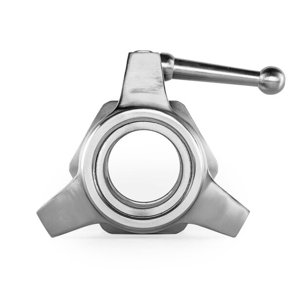 The ATX® Competition Powerlifting Collars IPF feature a metallic clamp handle with a top lever and a round central part, evoking powerlifting collars. It has an industrial design with two triangular base extensions and a sleek silver finish.