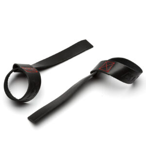Two black leather lifting straps with red stitching are displayed on a white background. Featuring a loop at one end and a long, flat tail, theyre ideal for gripping during weightlifting exercises or enhancing training sessions. (Product: ATX® Bulls Strongman Yoke DISCONTINUED).