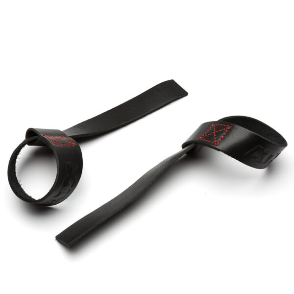 Two black leather lifting straps with red stitching are displayed on a white background. Featuring a loop at one end and a long, flat tail, theyre ideal for gripping during weightlifting exercises or enhancing training sessions. (Product: ATX® Bulls Strongman Yoke DISCONTINUED).
