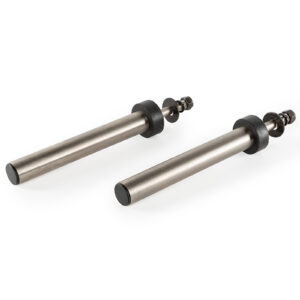 Two ATX® Weight Plate Pins with threaded ends and black caps are parallel on a white background, seemingly intended as components for a larger assembly.