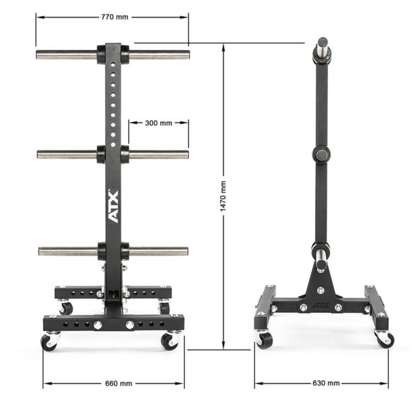 The ATX® Wheel Set Stand features three horizontal bars for plate storage and is mobile, with dimensions: 770 mm width, 1470 mm height, 660 mm depth. The spacing between the middle bar measures 300 mm. It is shown from the front and side views.