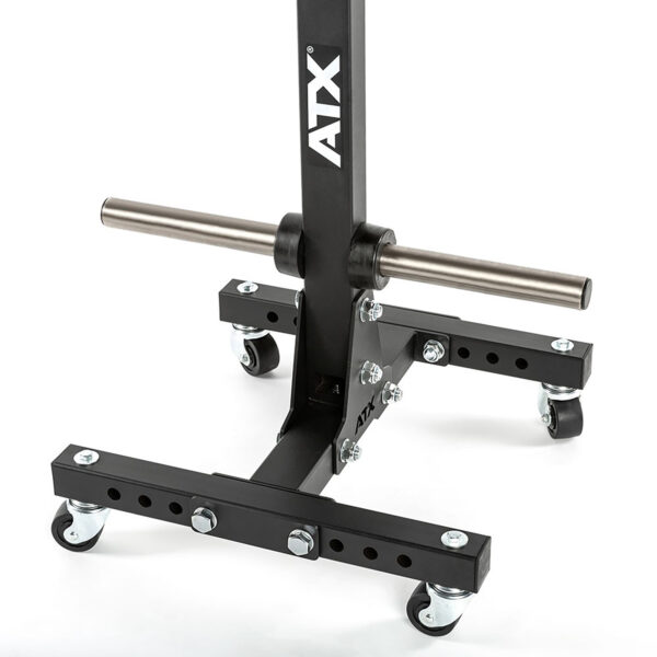 Close-up of the black ATX® Wheel Set Stand featuring metal handles and sturdy wheels, adjustable holes for customization, and heavy-duty bolts for stability.