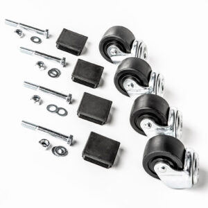Four black caster wheels from the ATX® Wheel Set Stand with metal mounts are lined up next to black square inserts, washers, and bolts on a white background.