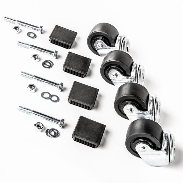 Four black caster wheels from the ATX® Wheel Set Stand with metal mounts are lined up next to black square inserts, washers, and bolts on a white background.