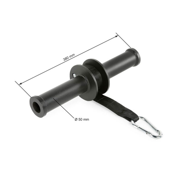 The ATX® Wrist Forearm Trainer is a black cylindrical fitness handle, measuring 380 mm in length and 50 mm in diameter, with a strap-attached clip.