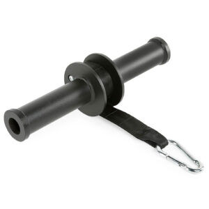 The ATX® Wrist Forearm Trainer is a black steel roller with a cylindrical handle, central disc, and nylon strap featuring a metal carabiner for weight lifting exercises.
