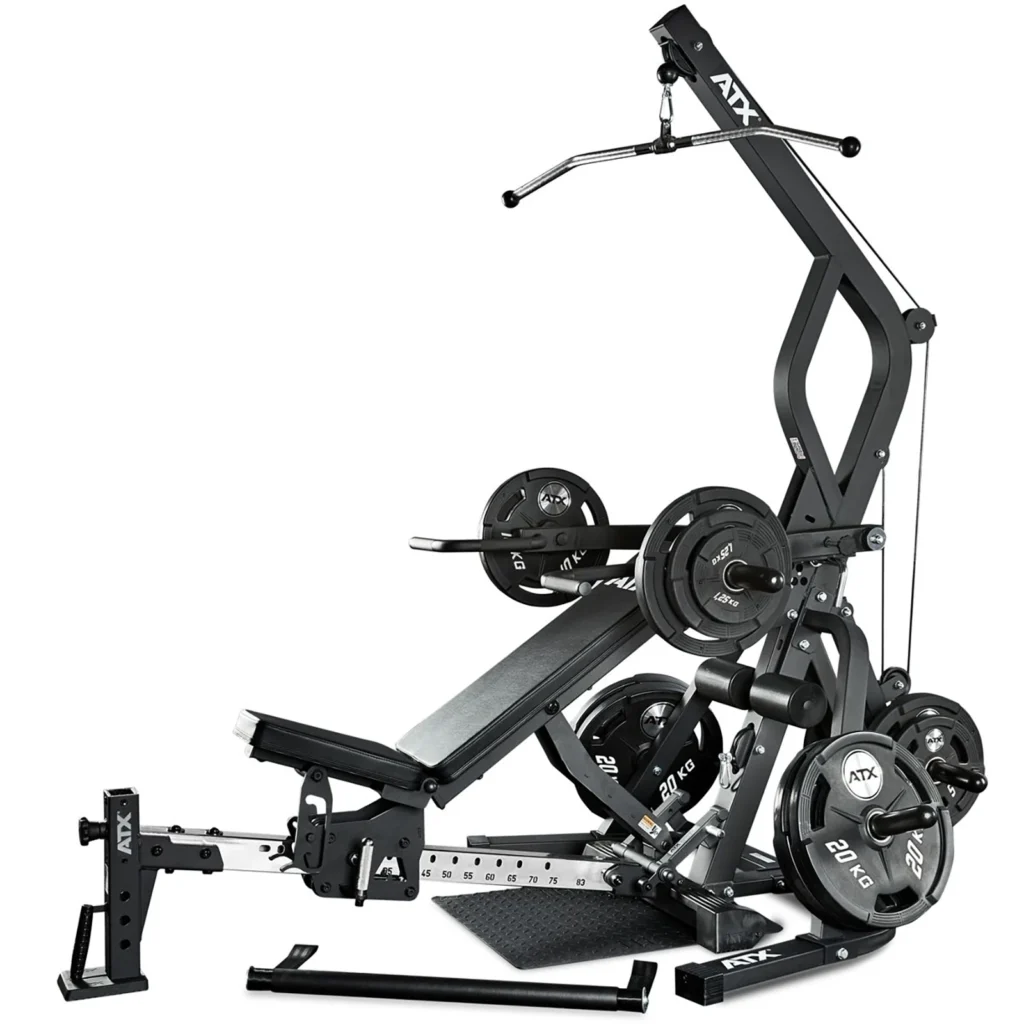 The ATX Triplex Multi gym is a multifunctional, compact home gym featuring a bench, weights, and pulleys. Equipped with various weight plates and bars for strength training exercises, it seamlessly integrates the leverage you need for an effective workout in limited space.