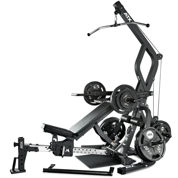 The ATX Triplex Multi gym is a multifunctional, compact home gym featuring a bench, weights, and pulleys. Equipped with various weight plates and bars for strength training exercises, it seamlessly integrates the leverage you need for an effective workout in limited space.