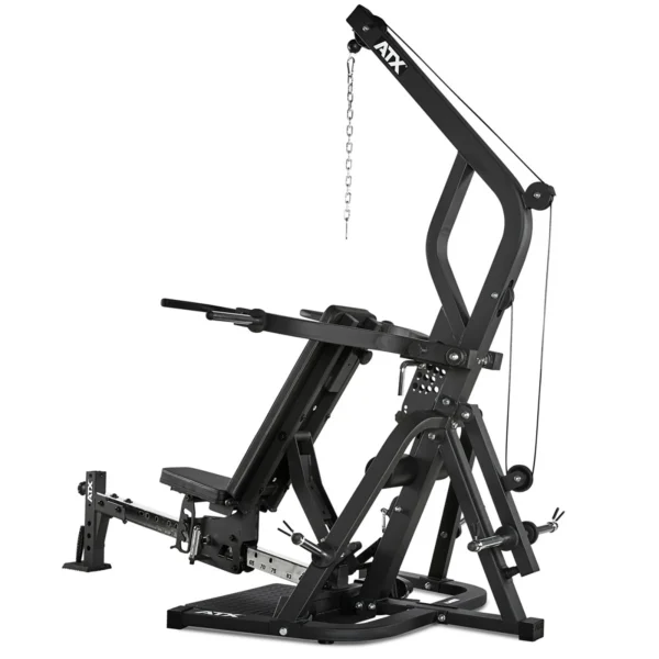 The ATX Triplex Multi Gym is a compact home gym machine featuring a sleek black design with a bench and pulley system. It offers adjustable components for various exercises, including strength training and resistance workouts, making it perfect for leveraging gym workouts at home.