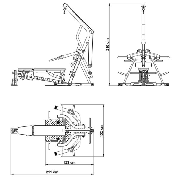The technical drawing of the ATX Triplex Multi gym showcases three views: side, front, and top. The top view includes dimensions of 211 cm length and 123 cm width, while the front view features a height of 210 cm and width of 132 cm—ideal for a compact home gym setup.