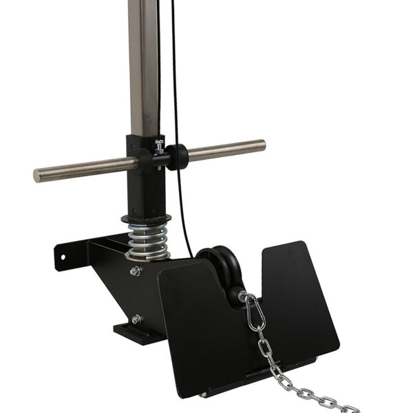 A close-up view of the ATX® Wall Mounted Lat Pulldown, showcasing its black and silver design. The exercise equipment features a pulley system with a chain and handlebar, complemented by a sturdy base and springs for resistance, making it perfect for Lat Pulldown Low Row exercises.