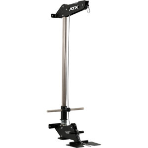 The ATX® Wall Mounted Lat Pulldown is a stylish black and silver machine designed for upper body workouts. It features a weight plate holder and dual handles, and it can also be used as a low row machine to boost your strength training routine.