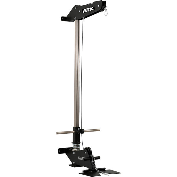 The ATX® Wall Mounted Lat Pulldown is a stylish black and silver machine designed for upper body workouts. It features a weight plate holder and dual handles, and it can also be used as a low row machine to boost your strength training routine.