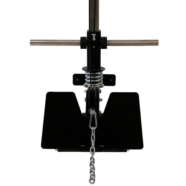 Close-up view of a gym workout machine featuring two horizontal handles, a central metal bar with a spring mechanism, and a chain with a clip hanging from it. This ATX® Wall Mounted Lat Pulldown is designed for strength training exercises.