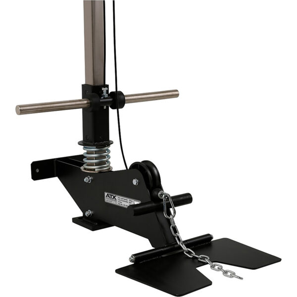 A detailed look at the ATX® Wall Mounted Lat Pulldown reveals its elegant black frame, paired with two horizontal handles, a metal spring, and a chain that connects to the base mechanism.