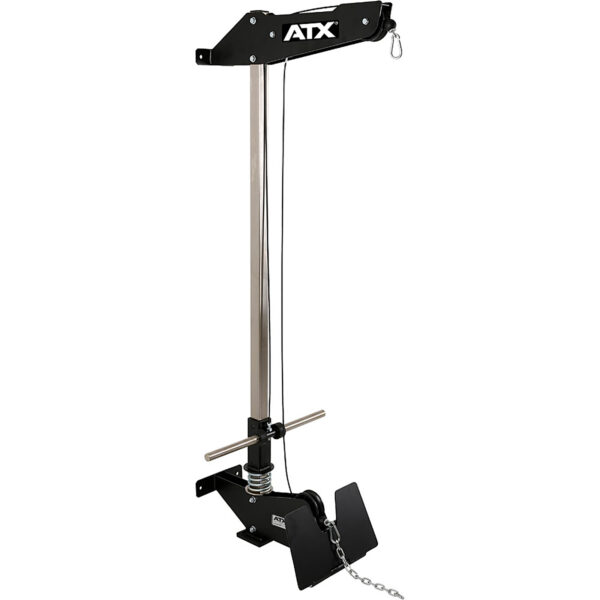 Introducing the ATX® Wall Mounted Lat Pulldown, a versatile exercise pulley system in black and silver. Designed for easy wall-mounted installation, it features a durable metal frame, cables, and handles. This unit includes a spring-loaded weight holder and chain attachment at the base, making it ideal for performing lat pulldowns or low rows in both gym and home settings.