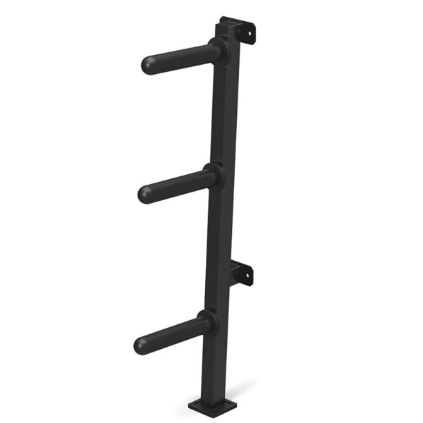 The Wall Mounted Weight Rack, designed in black metal with three horizontal pegs, efficiently organizes gym equipment by holding weight plates vertically.