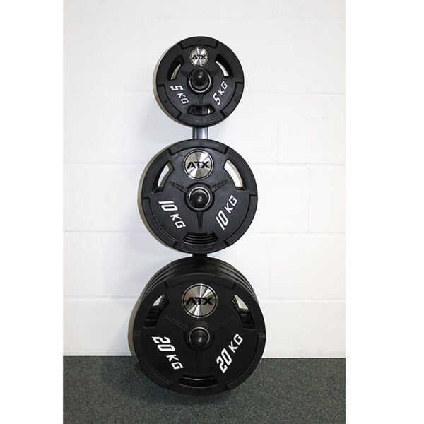 Three black weight plates marked 5 KG, 10 KG, and two at 20 KG lean against a white wall, resembling the Product Name: Wall Mounted Weight Rack. The plates are stylishly branded with white ATX lettering.