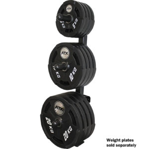 A Wall Mounted Weight Rack displays ATX plates in three rows of 5 kg, 10 kg, and 20 kg. Weight plates sold separately is inscribed in the bottom right.