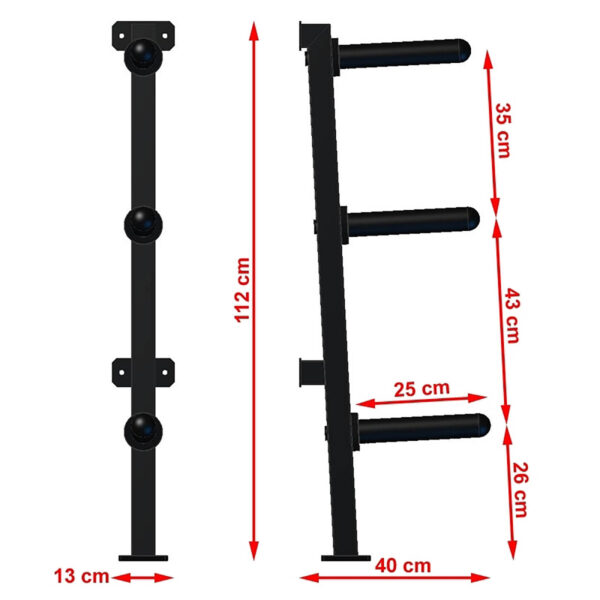 The Wall Mounted Weight Rack features an illustration showing its dimensions: three horizontal bars with a total height of 112 cm, bar depth of 25 cm, a spacing of 35 cm between the top two bars, and a base width of 40 cm.
