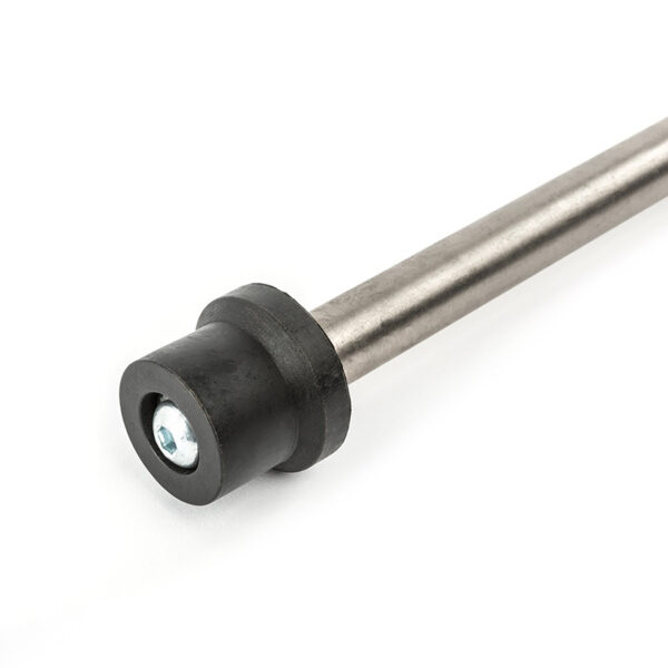 A Resistance Band Peg features a metal rod with a black rubber cap and a central screw, displayed on a white background to highlight its simple and functional design.