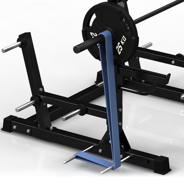 Image of a black weightlifting rack with a barbell loaded with 25 kg plates. A blue resistance band, attached to the Resistance Band Pegs at the lower part of the rack, extends upward toward the barbell.