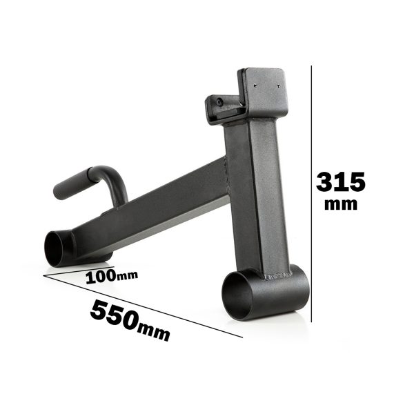 Black metal wall mount bracket with arm, measuring 550mm in length, 100mm in width, and 315mm in height. The base has a round tube design for wall anchoring.