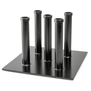 The Standard Barbell Holder features a black square metal base with five vertical cylindrical tubes, perfect for organizing poles or similar items.