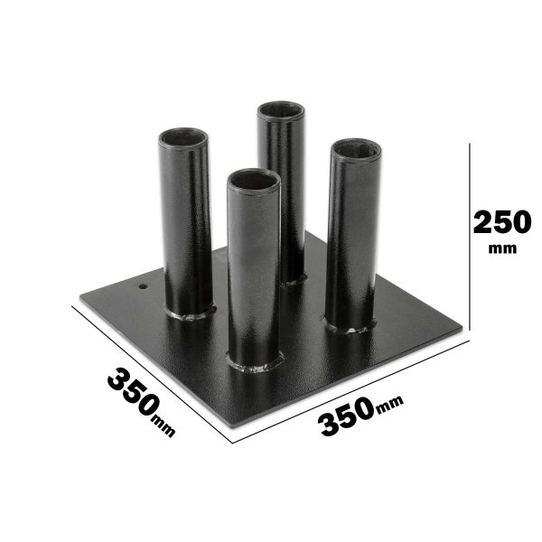 The Olympic Barbell Holder is a black square metal base with four cylindrical holders, measuring 350mm on each side and 250mm in height.
