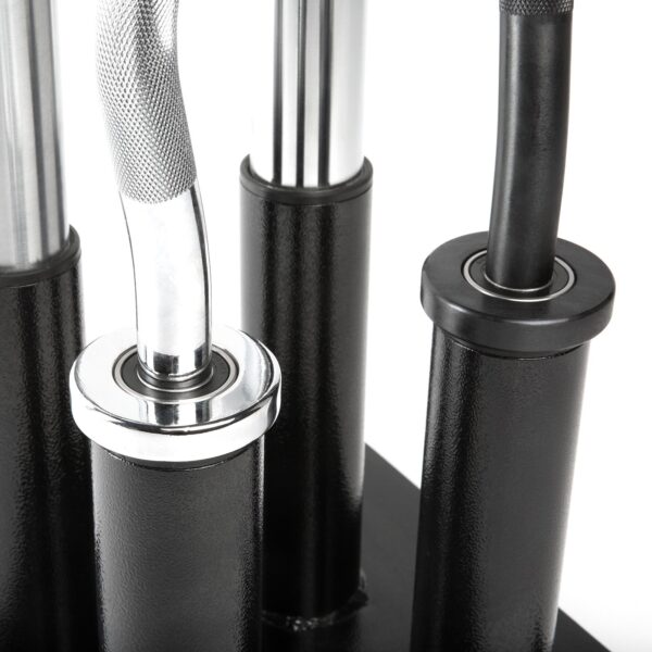 Close-up of a set of sleek, shiny metal barbell handles housed in an Olympic Barbell Holder with black cylindrical slots. The handles vary in texture, featuring both smooth and textured surfaces.