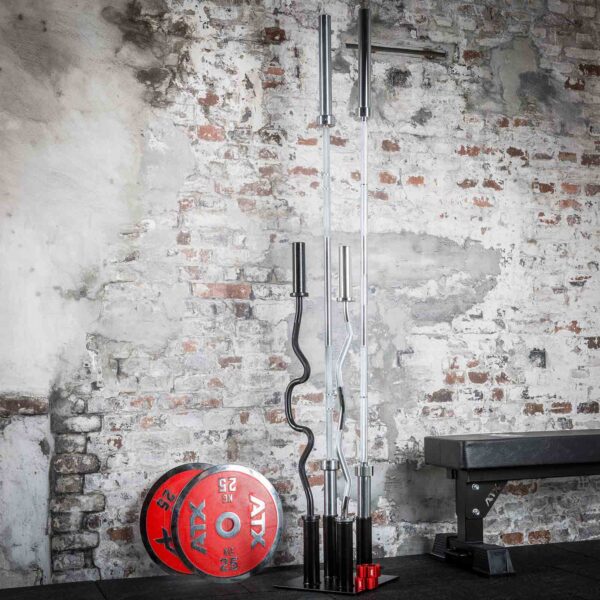 A gym setup shows an Olympic Barbell Holder with straight and curl bars against a rustic brick wall. A red 25 kg weight plate rests nearby, while a bench is partially visible on the right side.